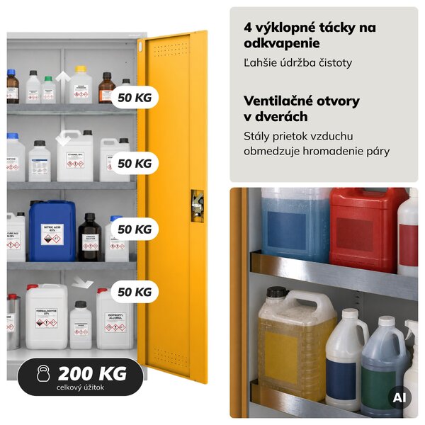 Skriňa na chemikálie s ventiláciou a odkvapkávacími zásobníkmi, šedo-žltá, 900x1850x400 mm: MARIA