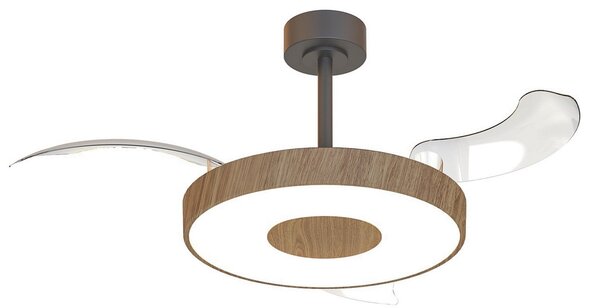 Inteligentný stropný ventilátor LED Coin, drevo/čierna, tichý – Mantra Mantra Iluminación, Coin, stmievateľné, Drevo, Obývacia izba, Kov, Moderný