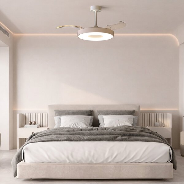 Inteligentný stropný ventilátor LED Coin béžovo-biely, DC, tichý – Mantra Mantra Iluminación, Coin, stmievateľné, Béžová, Obývacia izba, Kov, Moderný