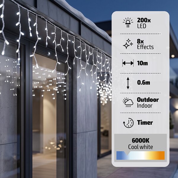 SOLIGHT LED vánoční girlanda rampouchy, 200 LED, 10m, IP44, studená bílá