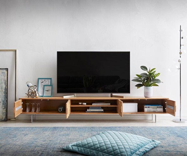 DELIFE TV stolík Fevo 240 cm akácia prírodná 4 dvierka podstava v tvare L