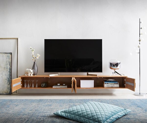 DELIFE TV stolík Fevo 220 cm akácia prírodná 4 dvierka závesný