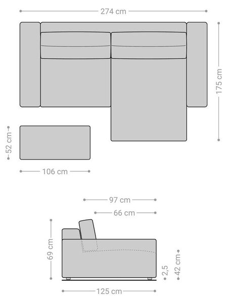 DELIFE Rohová pohovka Lanzo XL 270x180 cm mikrovlákno sivá variabilné ležadlo s taburetom