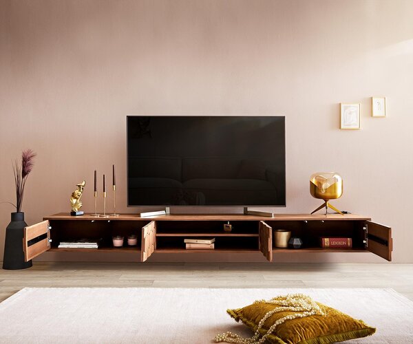 DELIFE TV stolík Fevo 240 cm akácia hnedá závesné 4 dvierka