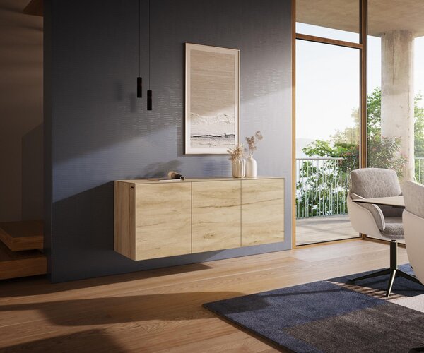 DELIFE Komoda Cuor 150 cm keramika Laminam® sabbia v dubovej farbe 3 dvierka závesná