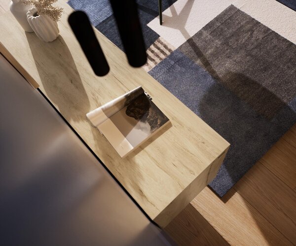 DELIFE Komoda Cuor 150 cm keramika Laminam® sabbia dubová 3 dvierka podstava závesná akrylové sklo