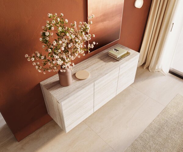 DELIFE Komoda Cuor 150 cm keramika Laminam® Travertino Bianco krémovo biela 3 dvierka závesná