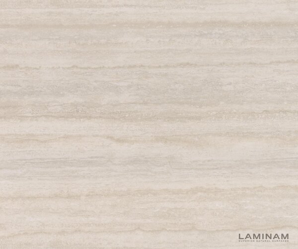 DELIFE TV stolík Cuor 150 cm keramika Laminam® Travertino Bianco krémovo biela 1 výklopné dvierka 1 zásuvka podstava závesná nerezová oceľ