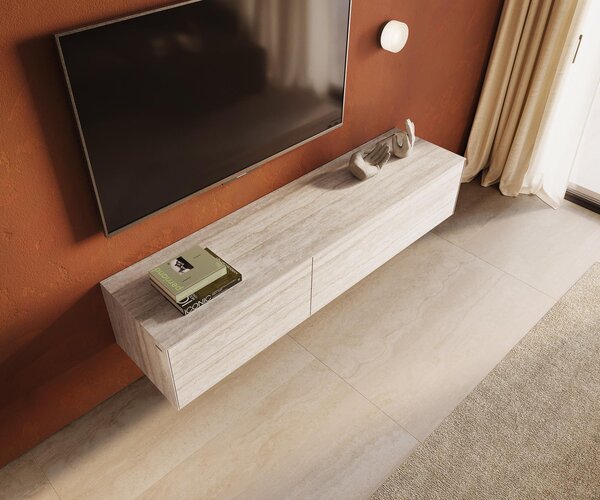 DELIFE TV stolík Cuor 180 cm keramika Laminam® Travertino Bianco krémovo biela 1 výklopné dvierka 2 zásuvky závesné