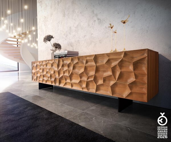 DELIFE TV stolík Solu 220 cm akácia prírodná 2 dvierka 4 zásuvky závesná kov čierna 3D čelá