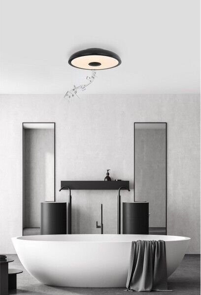 GLOBO 41366B RAFFY LED stropné svietidlo s reproduktorom D280mm 18W/800lm 3000-6500K IP44 čierna, opál, RGB, bluetooth, stmievateľné, diaľkové ovládanie, starlight efekt