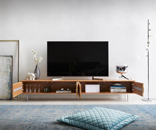 DELIFE TV stolík Fevo 220 cm akácia prírodná 4 dvierka podstava v tvare L
