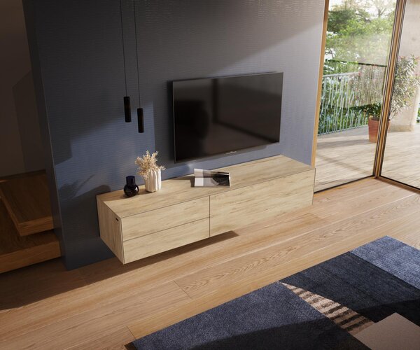 DELIFE TV stolík Cuor 180 cm keramika Laminam® sabbia v dubovej farbe 1 výklopné dvierka 2 zásuvky závesné