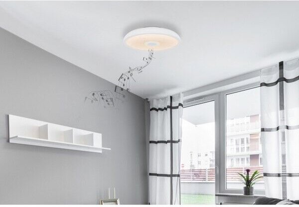 GLOBO 41366W RAFFY LED stropné svietidlo s reproduktorom D280mm 18W/1000lm 3000-6500K IP44 biela, opál, RGB, bluetooth, stmievateľné, diaľkové ovládanie