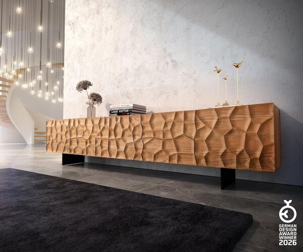 DELIFE TV stolík Solu 260 cm akácia prírodná 2 dvierka 6 zásuviek závesná kovová podstava čierna 3D čelá