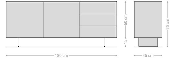DELIFE Komoda Cuor 180 cm keramika Laminam® Sabbia v dubovej farbe 2 dvierka 3 zásuvky podstava závesná nerezová oceľ