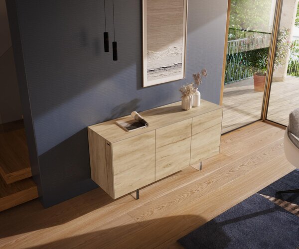 DELIFE Komoda Cuor 150 cm keramika Laminam® sabbia dubová 3 dvierka podstava závesná akrylové sklo
