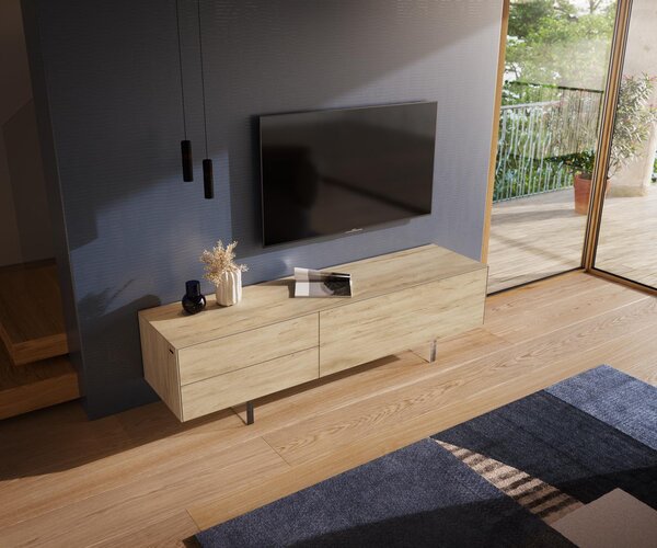 DELIFE TV stolík Cuor 180 cm keramika Laminam® Sabbia dubová farba 1 výklopné dvierka 2 zásuvky podstava závesná akrylové sklo