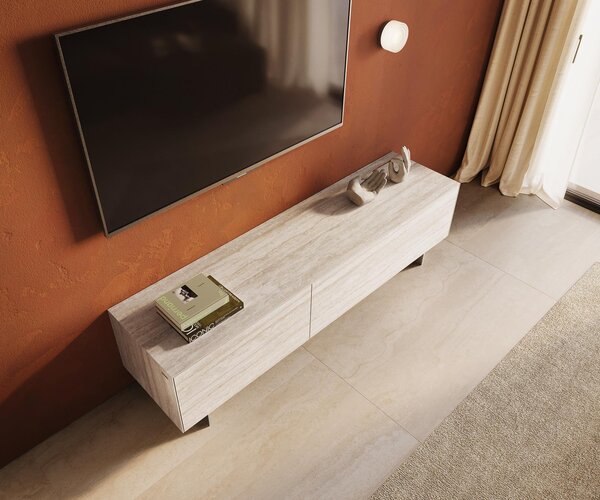 DELIFE TV stolík Cuor 180 cm keramika Laminam® Travertino Bianco krémovo biela 1 výklopné dvierka 2 zásuvky podstava závesná nerezová oceľ