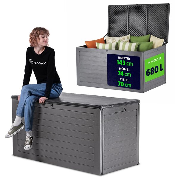 Úložný box KADAX 680 l, plastový záhradný box, box na vankúše do záhrady, na terasu a balkón, box na vankúše s uzamykateľným vekom a vzhľadom dreva (tmavošedý)