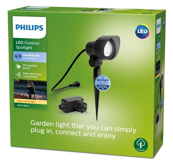 Philips 8719514477216 GardenLink Low Volt 12V Spotlight Starter pack - nízkonapäťové exteriérové svietidlo/reflektor LED 6W/600lm 2700K čierna /konektor/adaptér 24W/kábel 5m