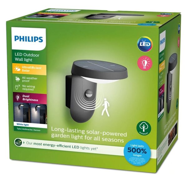 Philips 8719514476912 Tyla solárne exteriérové nástenné svietidlo LED so senzorom 1,2W 255lm/55lm 3000K antracit