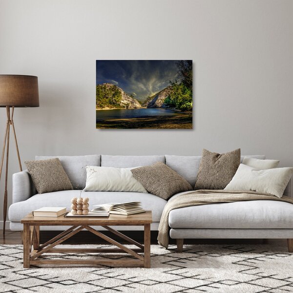 Sklenený obraz krajiny s jazerom (70x50 cm)