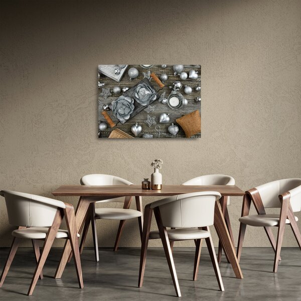 Sklenený obraz - strieborné vianočné dekorácie (70x50 cm)
