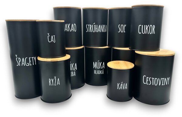 Orion Sada 12ks plechových dóz na potraviny, čierne, slovenské názvy, s bambusovým vekom SADA SK