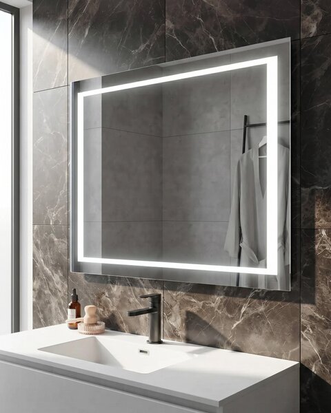 Nástenné zrkadlo strieborná syntetika sklo 60 x 80 cm obdĺžnikový tvar s LED osvetlením dotykový spínač moderný štýl kúpeľňa