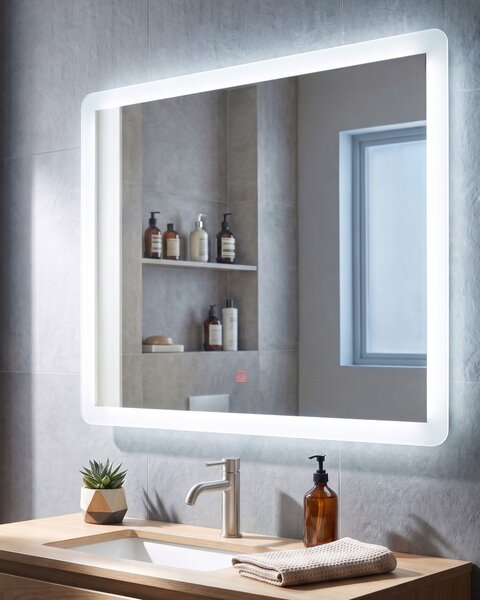 Nástenné zrkadlo strieborné s LED svetlom osvetlené obdĺžnikové 60 x 80 cm systém proti zahmlievaniu