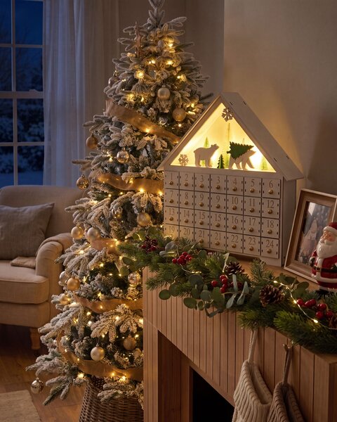 Vianočná LED dekorácia biely drevený adventný kalendár domček vianočné dekorácie interiér