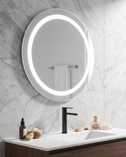 Nástenné zrkadlo strieborné syntetický materiál sklo ø 58 cm okrúhle s LED osvetlením moderný štýl kúpeľňa spálňa