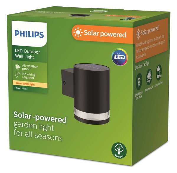 Philips LED solárne vonkajšie nástenné svietidlo Fyce, Čierna, Plast, Moderný, Solárne svietidlá