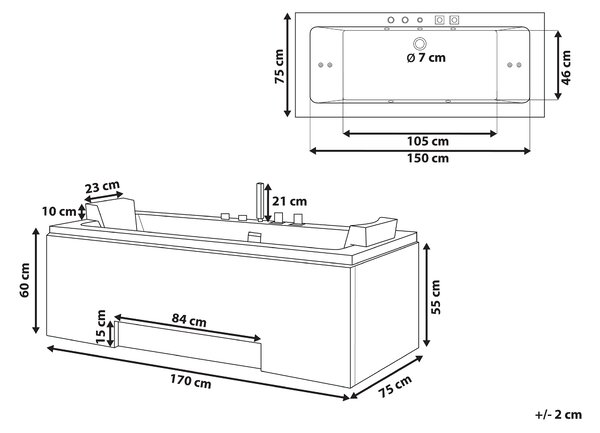 Vírivá vaňa s LED osvetlením biela akrylát 170 x 75 cm lesklý povrch pre 2 osoby opierky hlavy masážna funkcia moderný štýl kúpeľňa