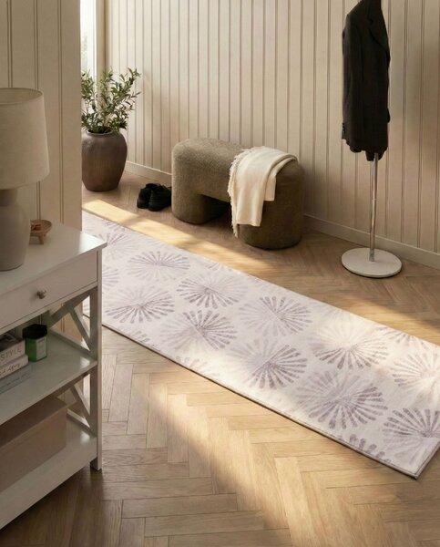 Koberec behúň krémová biela látka 80 x 300 cm abstraktný vzor protišmyková spodná strana pre podlahové kúrenie moderný štýl chodba predsieň