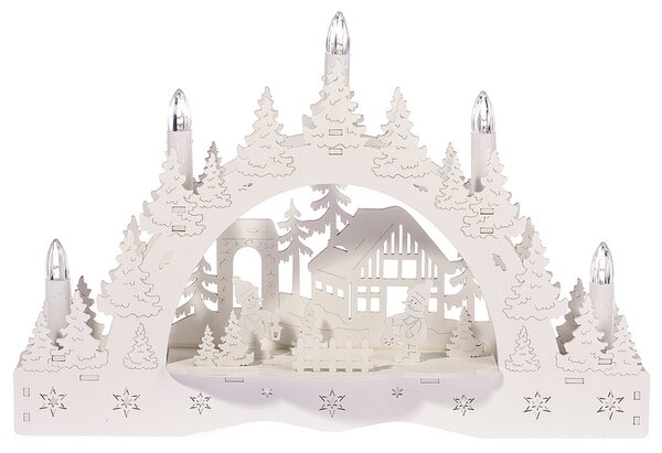 Vianočný LED svietnik Zimná krajina, chalúpka a snehuliak, 35 x 23 x 7,5 cm