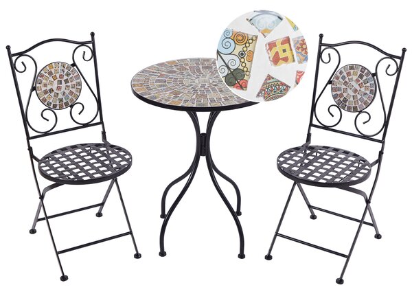 Záhradná bistro sada čierna kov okrúhly stôl 2 skladacie stoličky mozaikový vzor vintage štýl záhrada exteriér