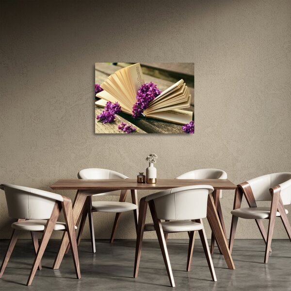 Sklenený obraz knihy a fialovej kvetiny (70x50 cm)