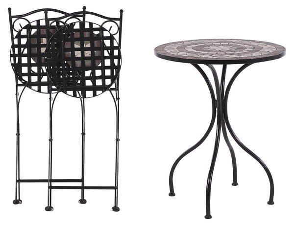 Záhradná bistro súprava čierna kovová nábytok na balkón stôl skladacie stoličky mozaikový vzor vintage štýl