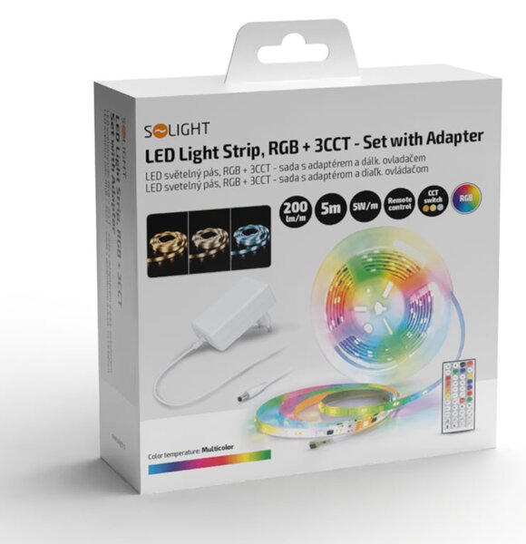 SOLIGHT LED svetelný pás RGB + 3CCT, 5m, sada s adaptérom a diaľk. ovládačom, 5W/m, IP65