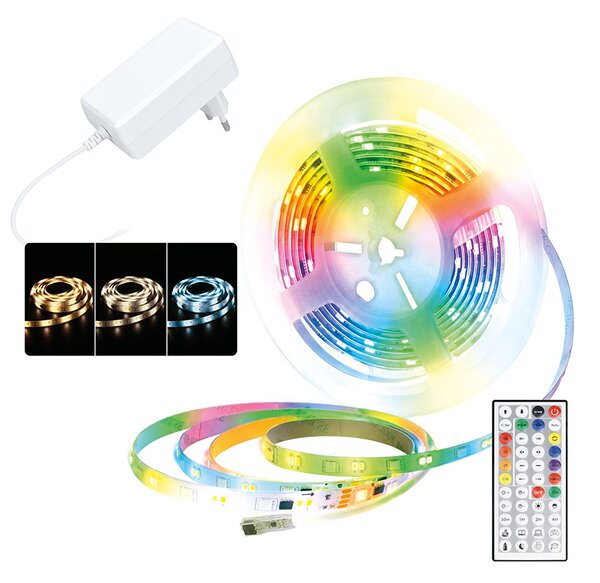SOLIGHT LED svetelný pás RGB + 3CCT, 5m, sada s adaptérom a diaľk. ovládačom, 5W/m, IP65
