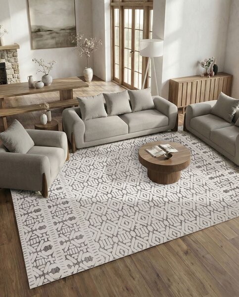 Koberec biela a sivá polyester bavlnený podklad 300 x 400 cm dekoratívny moderný dizajn obývacia izba spálňa
