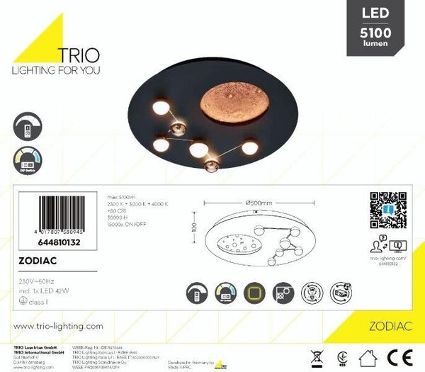 TRIO 644810132 ZODIAC stropné svietidlo D500mm SMD LED 42W/5100lm 2300+3000+4000K čierna matná, switchdimmer