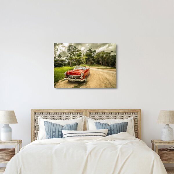 Sklenený obraz - auto veterán v prírode (70x50 cm)
