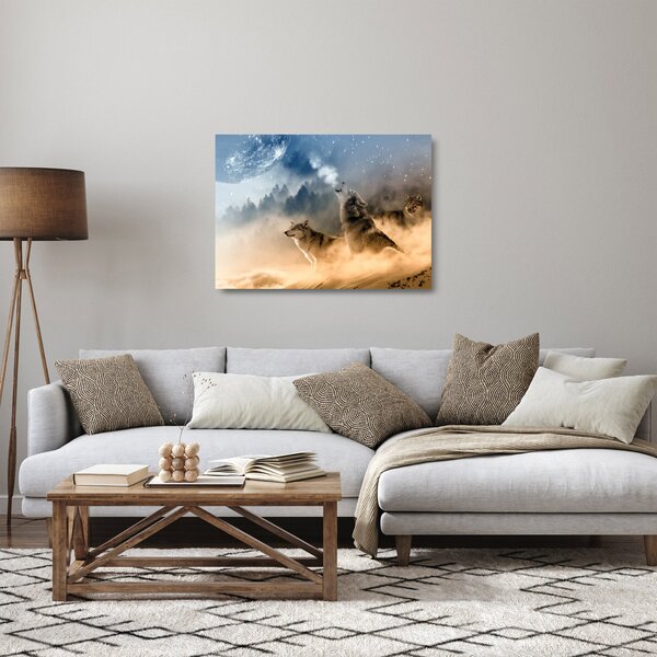 Sklenený obraz - vlci vyjúci na mesiac (70x50 cm)