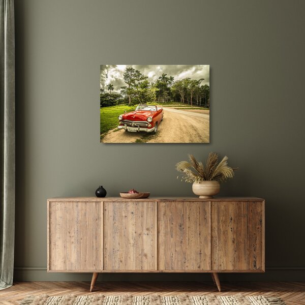 Sklenený obraz - auto veterán v prírode (70x50 cm)