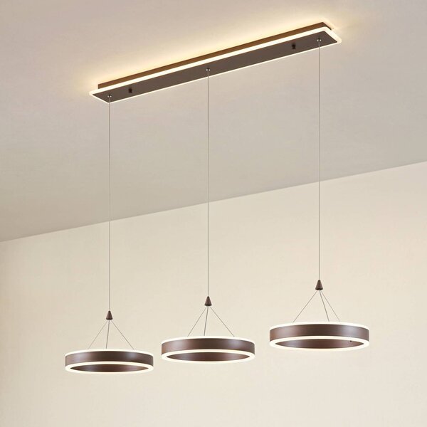 Lucande LED závesné svietidlo Kolo, 114 cm, 3-pl., hnedé, stmievateľné, Hnedá / hrdzavá, Obývacia izba / jedáleň, Moderný, Závesné svietidlo