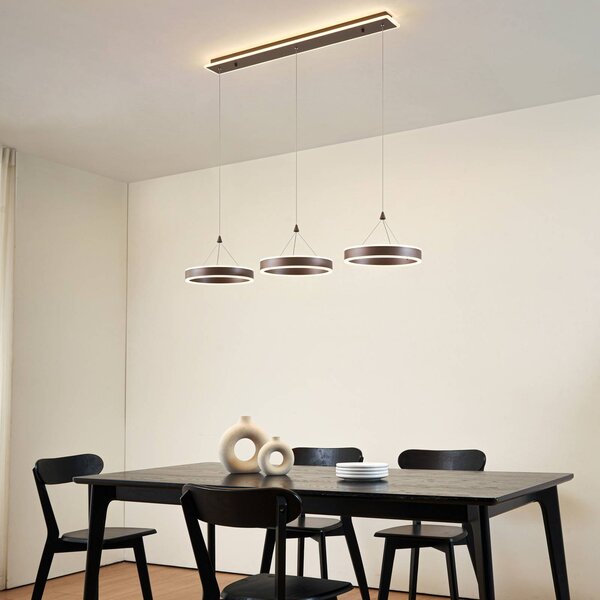 Lucande LED závesné svietidlo Kolo, 114 cm, 3-pl., hnedé, stmievateľné, Hnedá / hrdzavá, Obývacia izba / jedáleň, Moderný, Závesné svietidlo