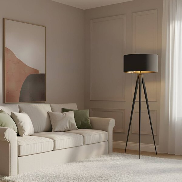 Lindby Stojacia lampa Benik, trojnožka, textil, čierna/zlatá, 153 cm, Čierna, Obývacia izba / jedáleň, Textil / látka / hodváb, Moderný, Trojhran